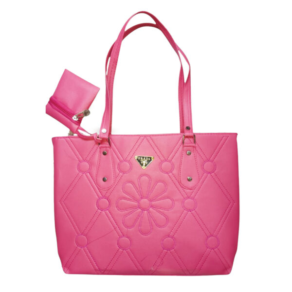 Women's Stylish Pink Tote Handbag with Flower Stitching and Pouch